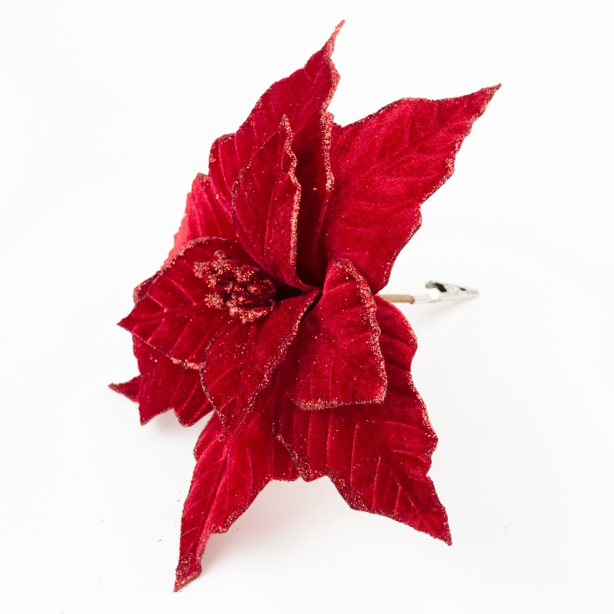 Пуансетия с глитером на прищепке, D28см, красный в интернет-магазине флористических аксессуаров Азалия Декор