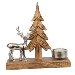 Подсвечник Новогодний (металл/дерево), H19,5x20x6см, серебряный в интернет-магазине флористических аксессуаров Азалия Декор