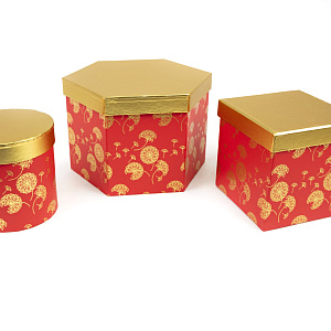 Набор коробок подарочных 3шт, 22,5х20хH15 см, красный/золотой в интернет-магазине флористических аксессуаров Азалия Декор