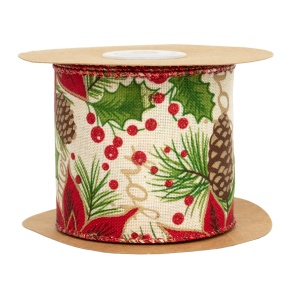 Лента Пуансетия (полиэстер), 63 мм 5 м, натуральный/красный в интернет-магазине флористических аксессуаров Азалия Декор