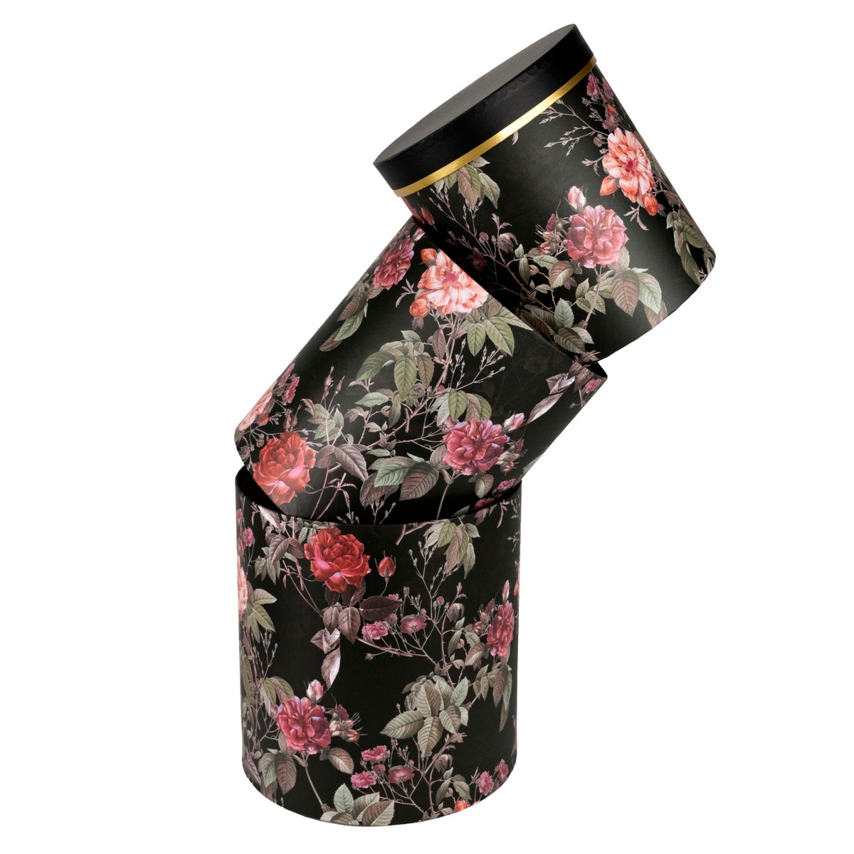 Набор коробок круглых Цветы 3шт, D24хH23,5см, черный в интернет-магазине флористических аксессуаров Азалия Декор
