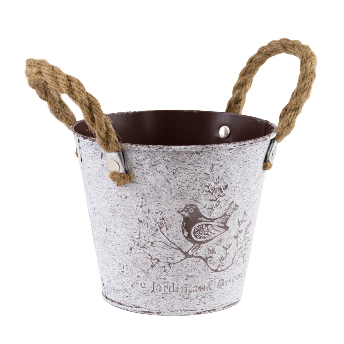 Кашпо с ручками Птичка (металл), D12хH10см, белый/коричневый в интернет-магазине флористических аксессуаров Азалия Декор