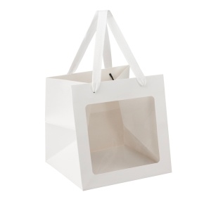 Пакет подарочный с прозрачной вставкой (крафт), 20x20x20см (в уп. 12шт.), белый в интернет-магазине флористических аксессуаров Азалия Декор