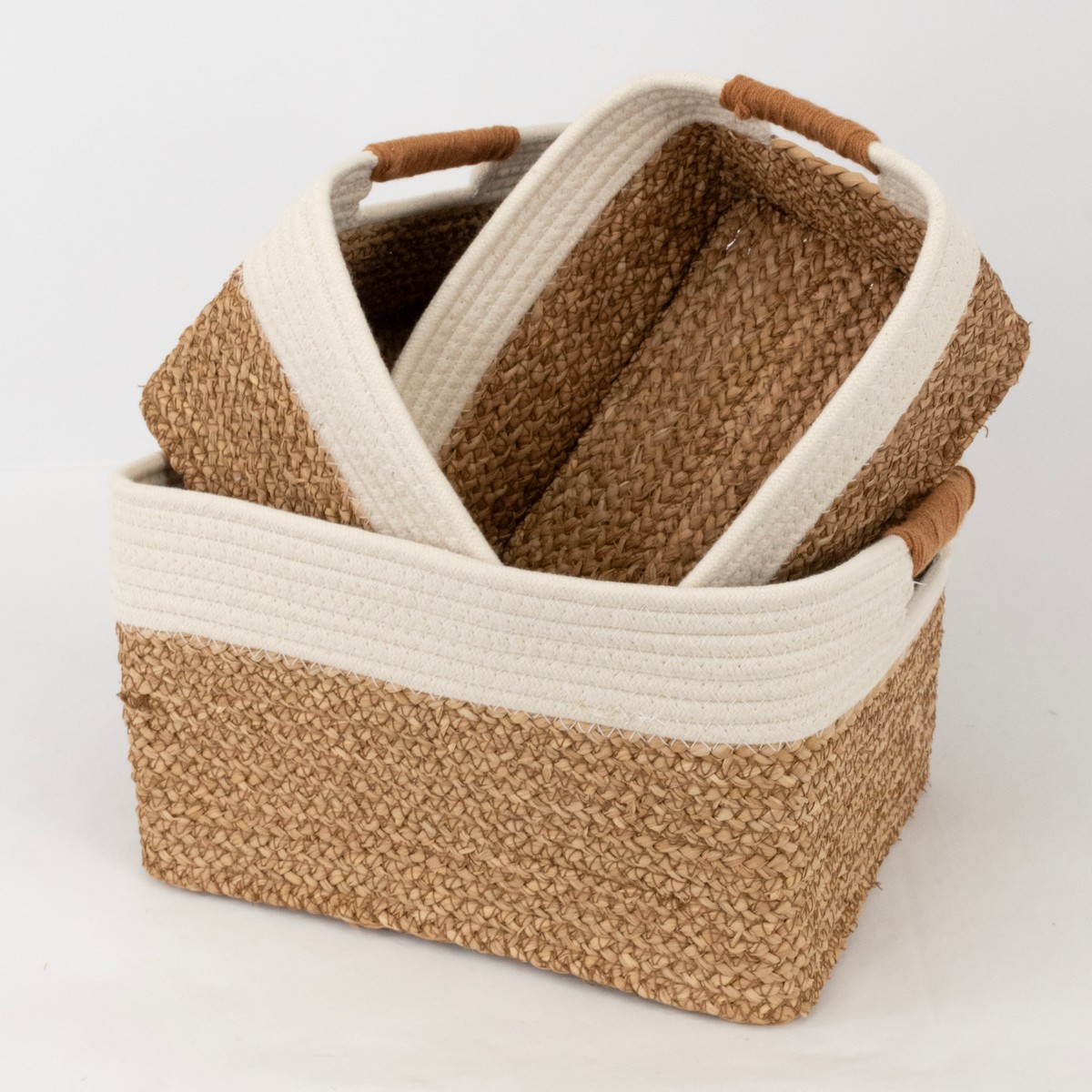 Набор ящиков плетеных 3шт. (растительный материал/джут), 35х30хH21см, натуральный/белый в интернет-магазине флористических аксессуаров Азалия Декор