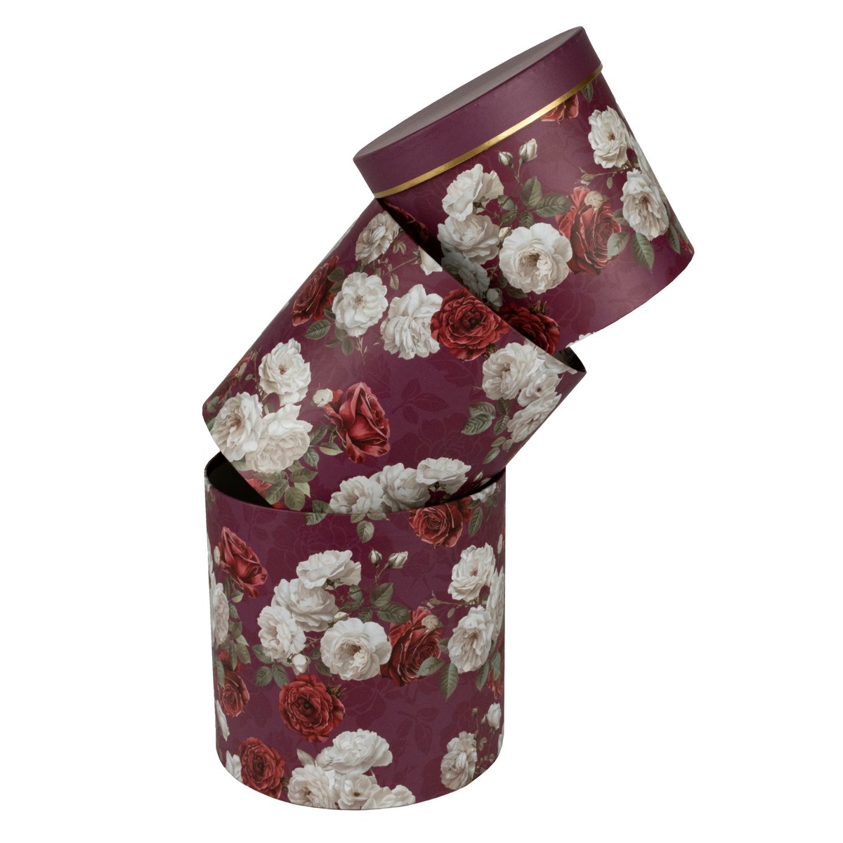 Набор коробок подарочных круглых 3шт, D19,5xH19см, красный/белый в интернет-магазине флористических аксессуаров Азалия Декор