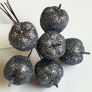 Набор яблок с глиттером на вставках 6шт., D3xL12см, темно-серый в интернет-магазине флористических аксессуаров Азалия Декор