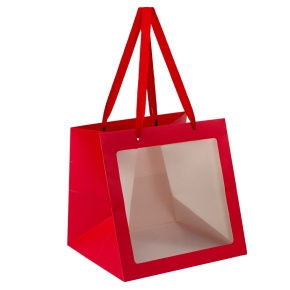 Пакет подарочный с прозрачной вставкой (крафт), 30x30x30см (в уп. 12шт.), красный в интернет-магазине флористических аксессуаров Азалия Декор