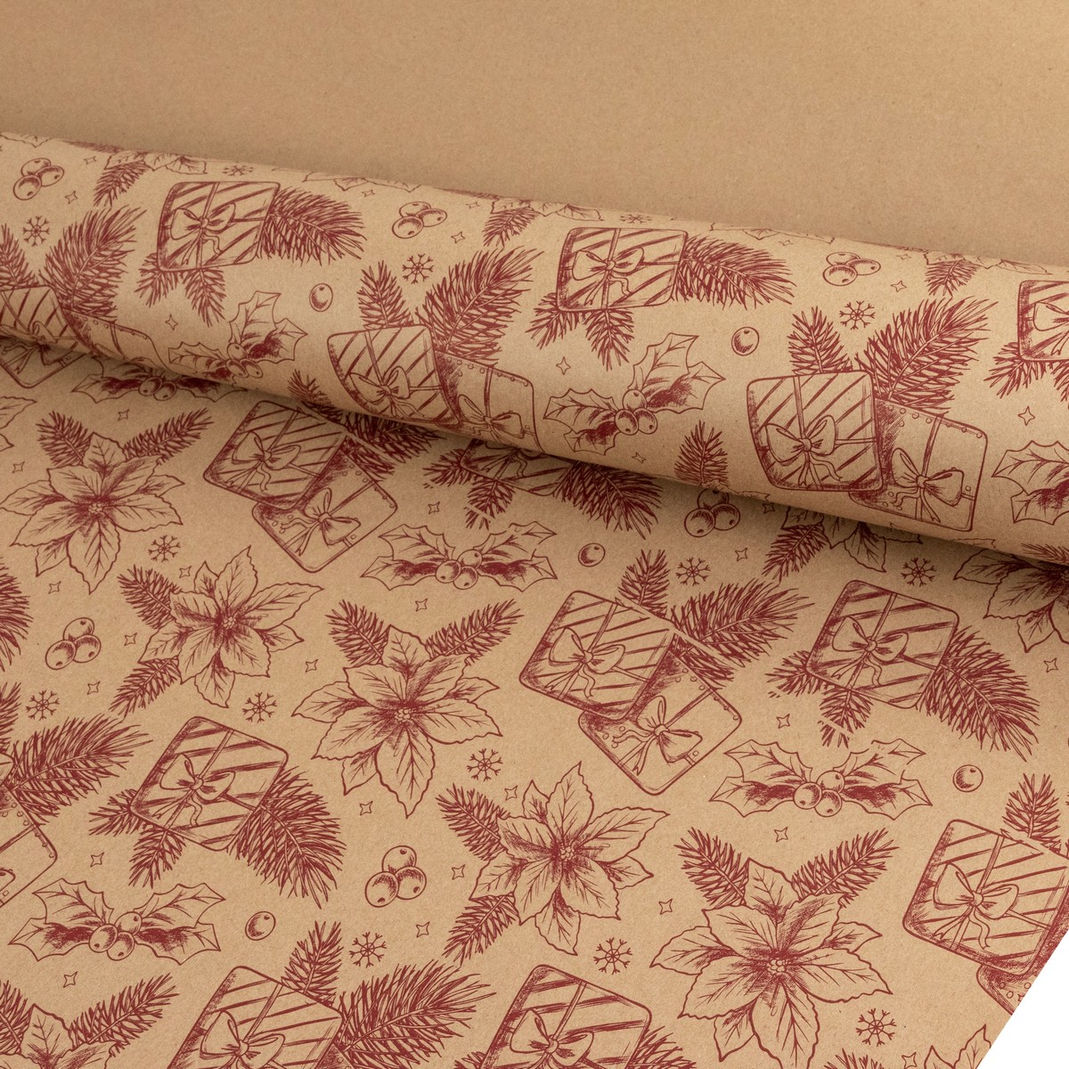 Бумага упаковочная крафт Цветы 60гр, 68 см 10 м, натуральный/красный в интернет-магазине флористических аксессуаров Азалия Декор