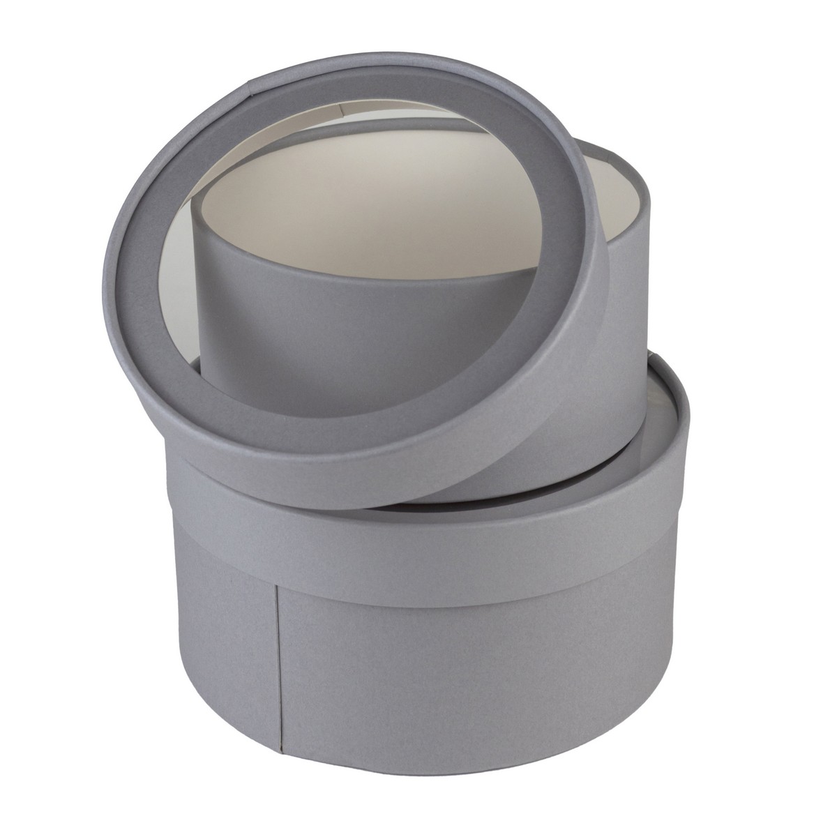 Набор коробок подарочных круглых с прозрачной крышкой 2шт., D21xH11 см, серый в интернет-магазине флористических аксессуаров Азалия Декор