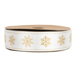 Лента Снежинки (полиэстер), 25 мм 10 м, белый/золотой в интернет-магазине флористических аксессуаров Азалия Декор