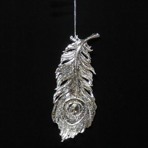 Украшение подвесное Перо павлина с глиттером, 17см, серебряный в интернет-магазине флористических аксессуаров Азалия Декор
