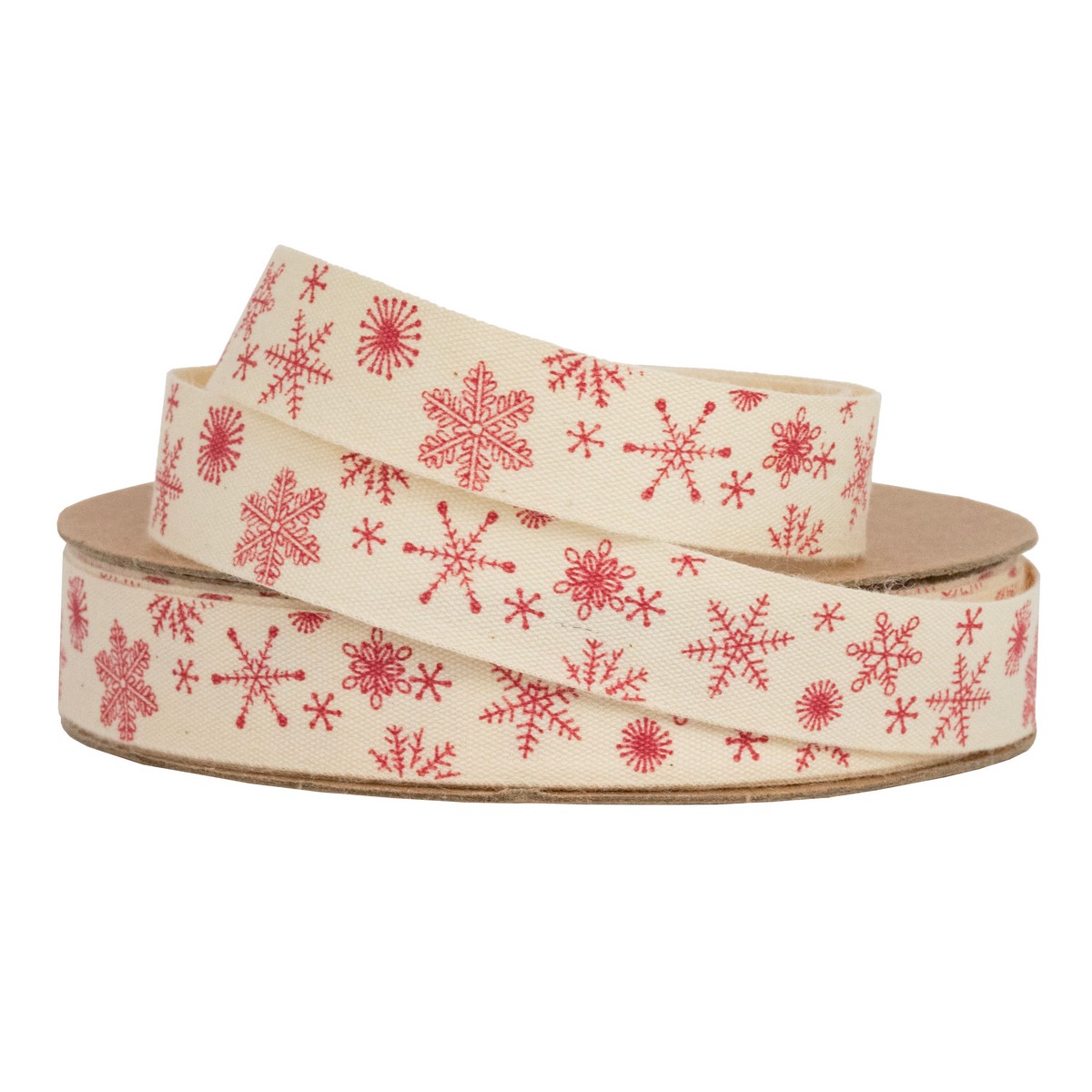 Лента Снежинки (хлопок), 15 мм 10 м, кремовый/красный в интернет-магазине флористических аксессуаров Азалия Декор
