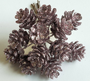 Набор шишек с глиттером на вставках 12шт., D2x2xL10см, розовый в интернет-магазине флористических аксессуаров Азалия Декор