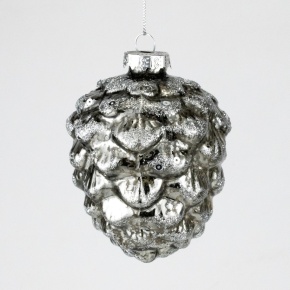 Украшение подвесное Шишка с глиттером (стекло), Н9,5х7,5см, серый в интернет-магазине флористических аксессуаров Азалия Декор