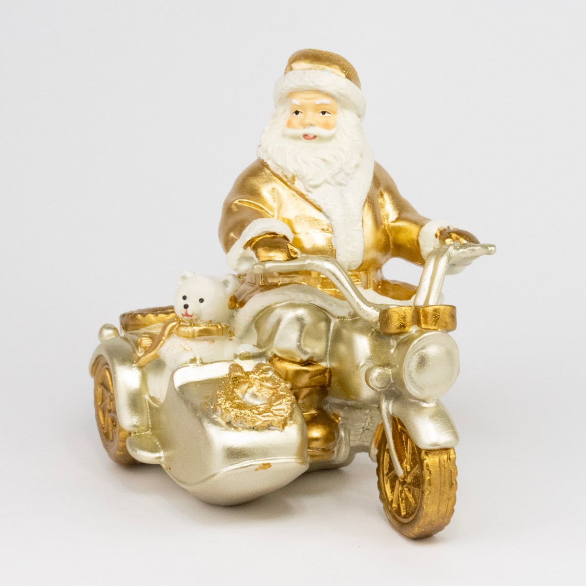 Сувенир Санта на мотоцикле (полирезин), Н13х13,5х10см, золотой в интернет-магазине флористических аксессуаров Азалия Декор