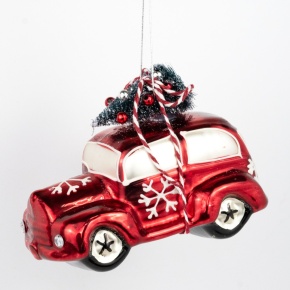 Украшение подвесное Машинка (стекло), Н9,5х12,5х7см, красный в интернет-магазине флористических аксессуаров Азалия Декор