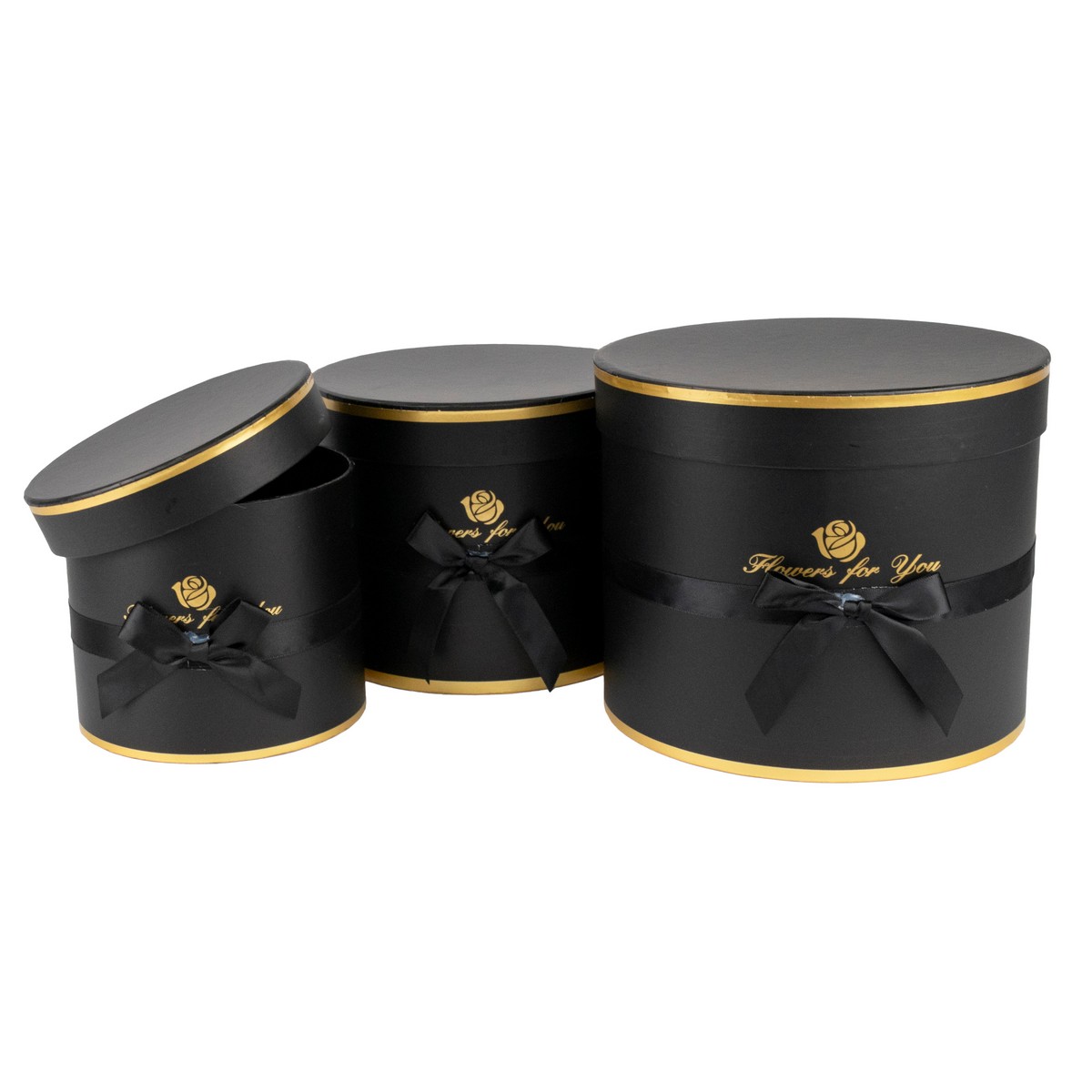 Набор коробок подарочных круглых 3шт., 23х19,5см, черный в интернет-магазине флористических аксессуаров Азалия Декор