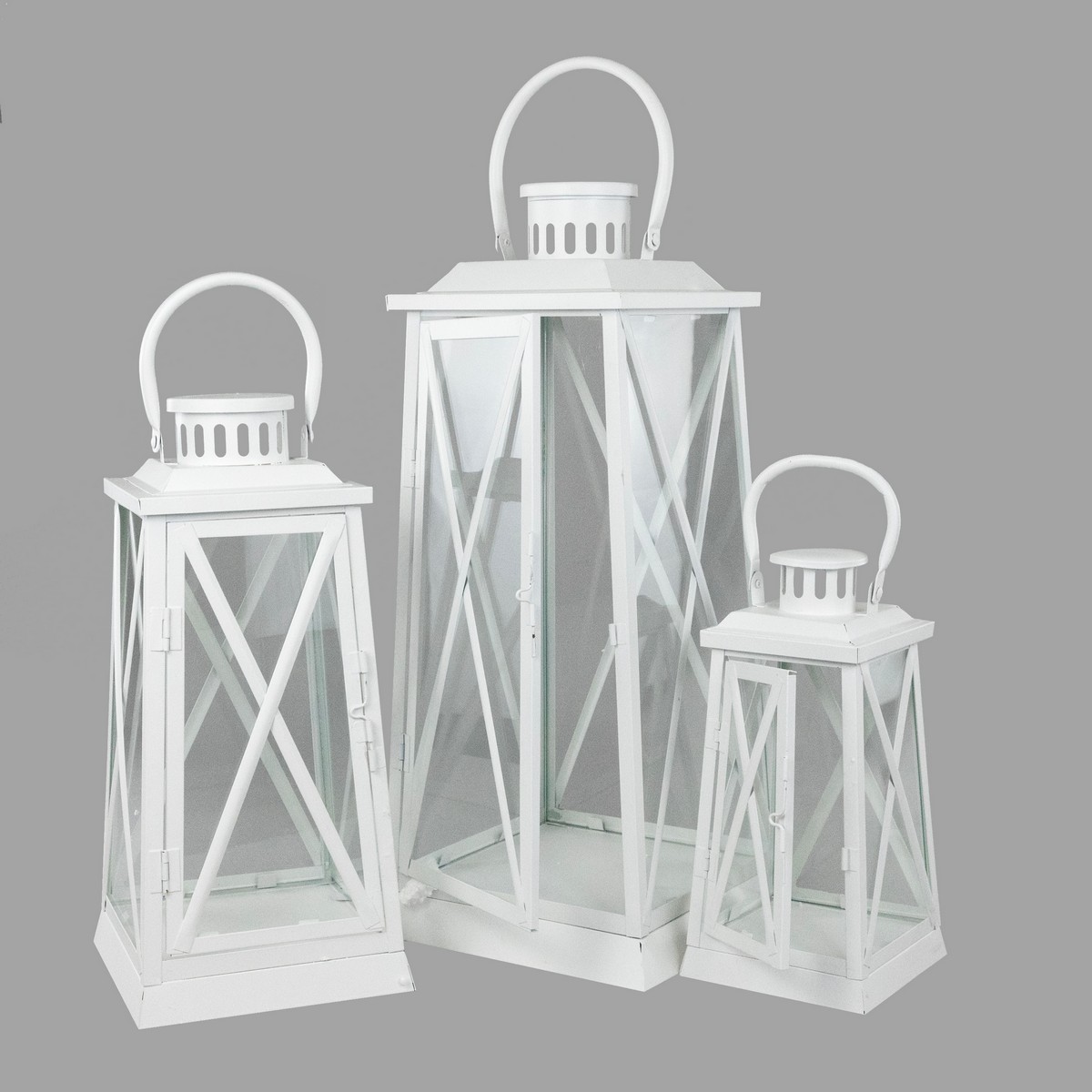 Набор фонарей 3шт. (металл/стекло), 22x22xH50см, белый в интернет-магазине флористических аксессуаров Азалия Декор