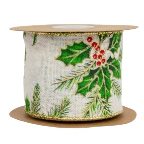 Лента Омела (полиэстер), 63мм 5м, натуральный/зеленый в интернет-магазине флористических аксессуаров Азалия Декор