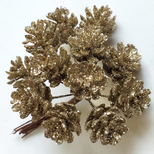 Набор шишек с глиттером на вставках 12шт., D2x2xL10см, шампань в интернет-магазине флористических аксессуаров Азалия Декор