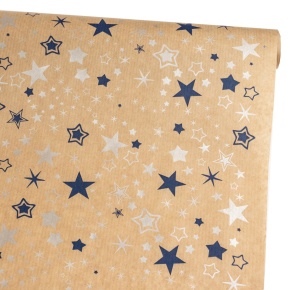 Бумага упаковочная крафт Звезды 40гр, 72 см 10 м, натуральный/синий в интернет-магазине флористических аксессуаров Азалия Декор