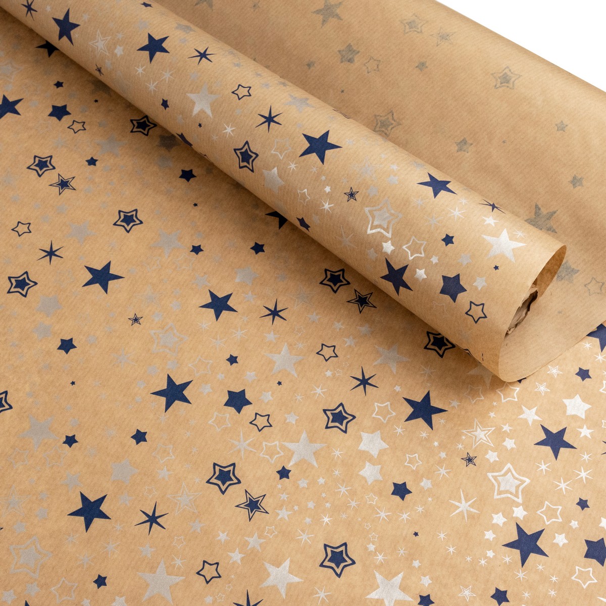 Бумага упаковочная крафт Звезды 40гр, 72 см 10 м, натуральный/синий в интернет-магазине флористических аксессуаров Азалия Декор