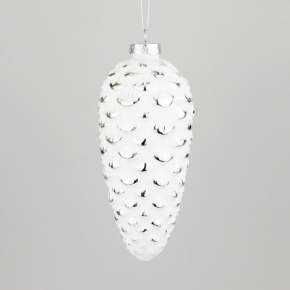 Украшение подвесное Шишка (стекло), 16х7см, белый/серебряный в интернет-магазине флористических аксессуаров Азалия Декор