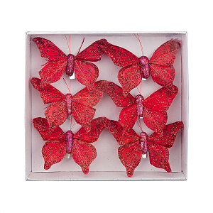 Набор бабочек с глиттером на прищепках 6шт., 6см, красный в интернет-магазине флористических аксессуаров Азалия Декор
