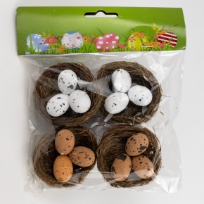 Набор гнезд с яйцами 4шт., D6см, белый/коричневый в интернет-магазине флористических аксессуаров Азалия Декор