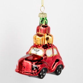 Украшение подвесное Машинка (стекло), Н11х9,5х5см, красный в интернет-магазине флористических аксессуаров Азалия Декор