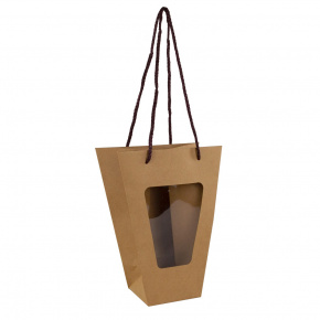 Пакет подарочный с прозрачной вставкой (крафт), 20x10x26см (в уп. 10шт.), натуральный в интернет-магазине флористических аксессуаров Азалия Декор