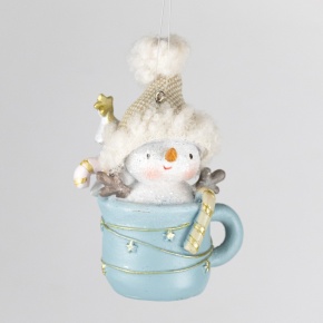 Украшение подвесное Снеговик в кружке (полирезин), Н10х7х5см, голубой в интернет-магазине флористических аксессуаров Азалия Декор