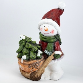 Сувенир Снеговик с тачкой (керамика), Н44х29,5х20см, красный в интернет-магазине флористических аксессуаров Азалия Декор