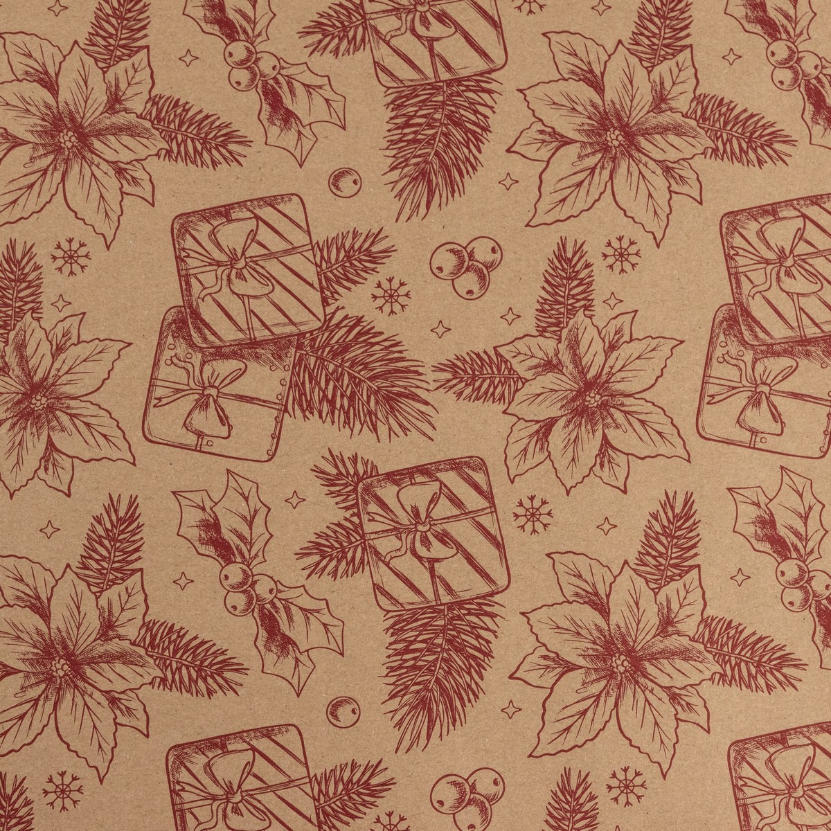 Бумага упаковочная крафт Цветы 60гр, 68 см 10 м, натуральный/красный в интернет-магазине флористических аксессуаров Азалия Декор