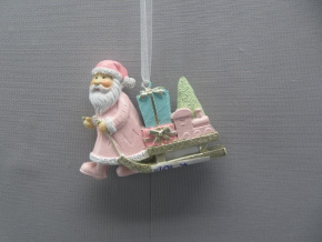 Украшение подвесное Санта с санями (полирезин), Н6х7,5х1,5см, розовый в интернет-магазине флористических аксессуаров Азалия Декор