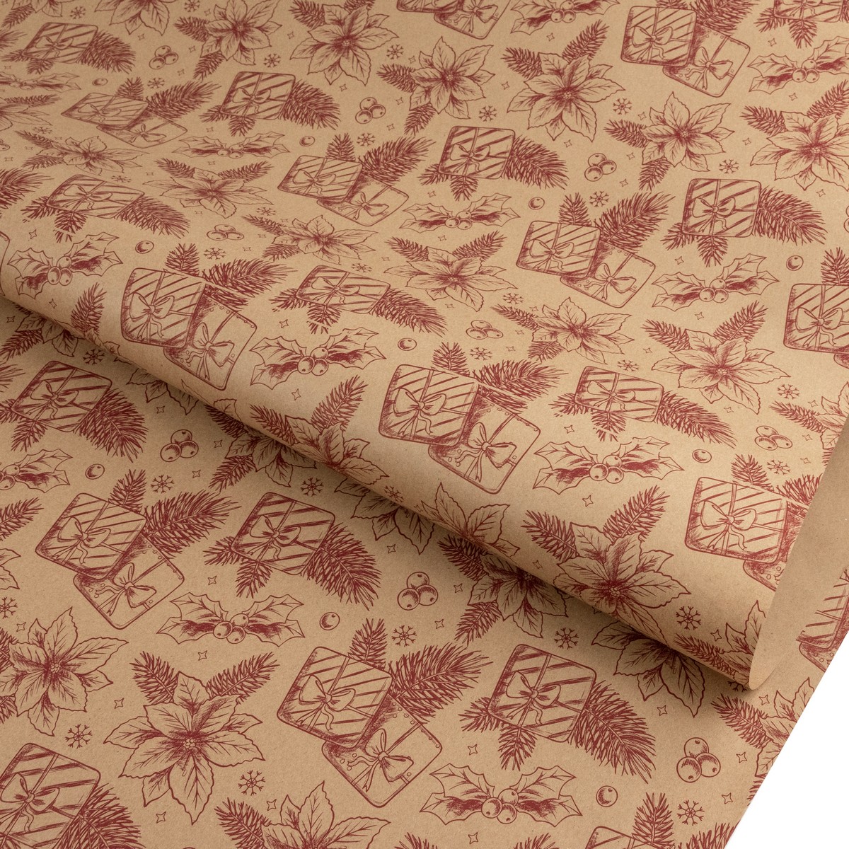 Бумага упаковочная крафт Цветы 60гр, 68 см 10 м, натуральный/красный в интернет-магазине флористических аксессуаров Азалия Декор