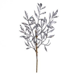 Ветка с листьями с глиттером, 26см, серебряный в интернет-магазине флористических аксессуаров Азалия Декор