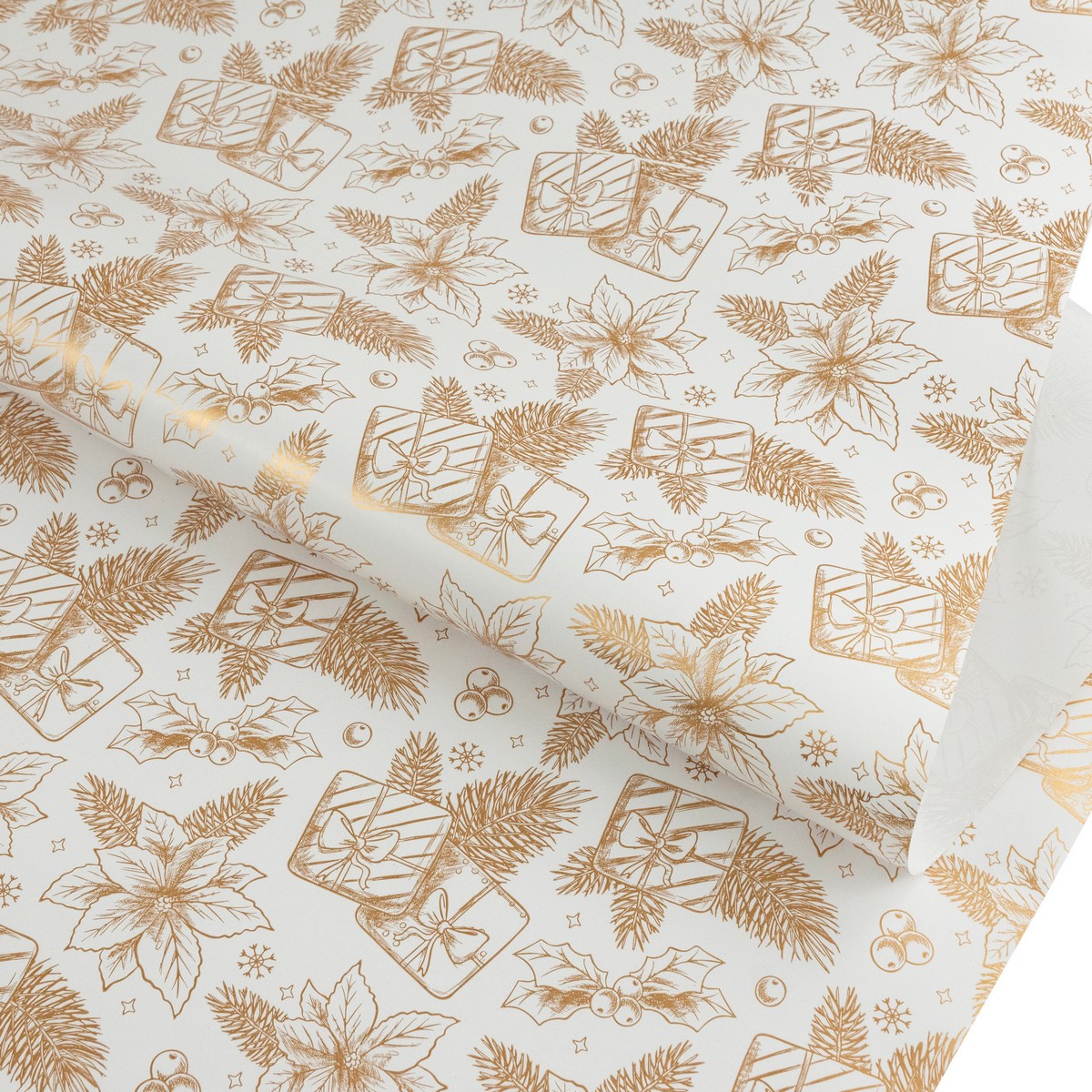 Бумага упаковочная мелованная Цветы 60гр, 68 см 10 м, белый/золотой в интернет-магазине флористических аксессуаров Азалия Декор