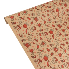 Бумага упаковочная крафт Новогодний подарок 60гр, 70 см 10 м, натуральный/красный в интернет-магазине флористических аксессуаров Азалия Декор