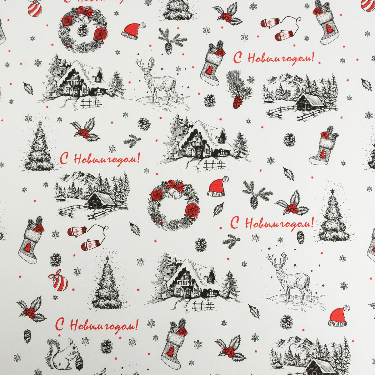 Бумага упаковочная крафт Деревенька 60гр, 72 см 10 м, белый/красный в интернет-магазине флористических аксессуаров Азалия Декор