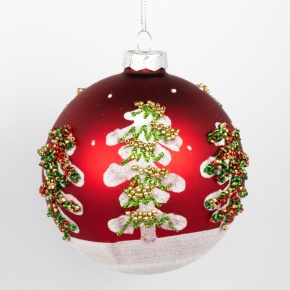 Украшение подвесное Шар с елочкой (стекло), D10см, красный в интернет-магазине флористических аксессуаров Азалия Декор