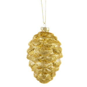 Украшение подвесное Шишка с глиттером (стекло), 8,5х12,5см, золотой в интернет-магазине флористических аксессуаров Азалия Декор