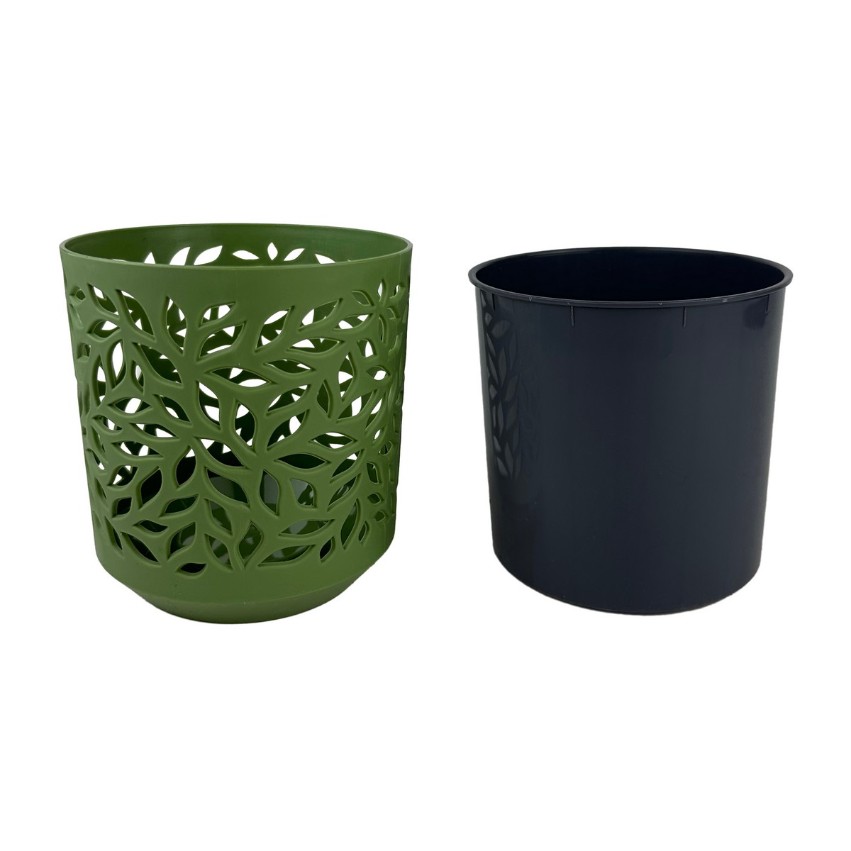 Кашпо со вставкой Листья (пластик), D13xH13,5см, 1,25л, зел./антрацит. в интернет-магазине флористических аксессуаров Азалия Декор