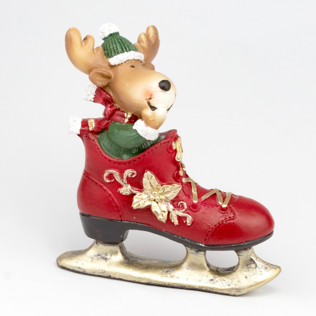 Сувенир Лось в коньке (полирезин), Н13,5х12,5х5см, красный/зеленый в интернет-магазине флористических аксессуаров Азалия Декор