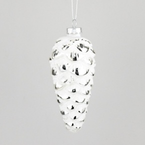 Украшение подвесное Шишка (стекло), 13х6см, белый/серебряный в интернет-магазине флористических аксессуаров Азалия Декор