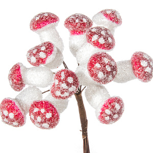 Набор грибов засахаренных на вставках 12шт., D2x2,4xL11см, белый/красный в интернет-магазине флористических аксессуаров Азалия Декор