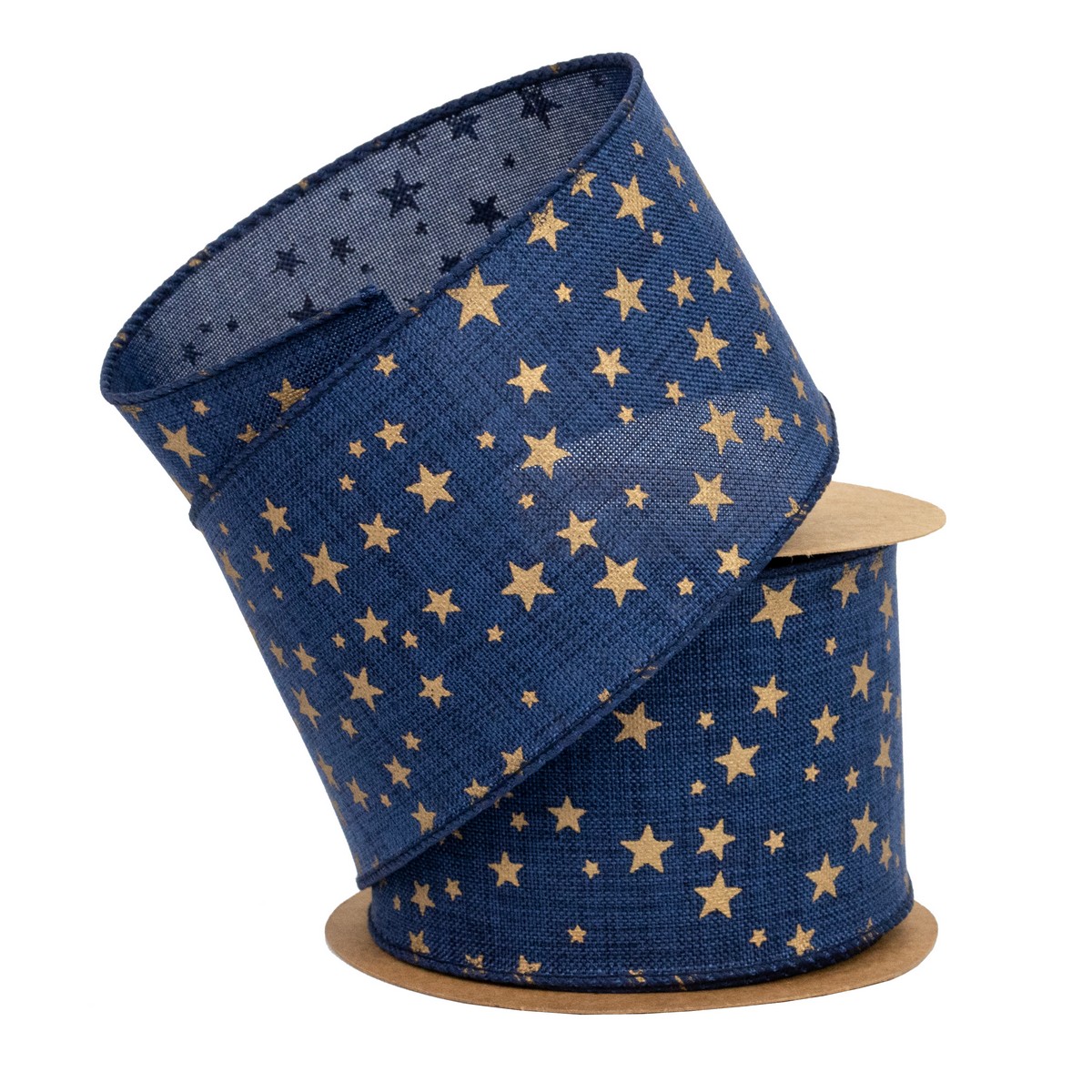 Лента Звездочки (полиэстер), 63 мм 5 м, синий/золотой в интернет-магазине флористических аксессуаров Азалия Декор