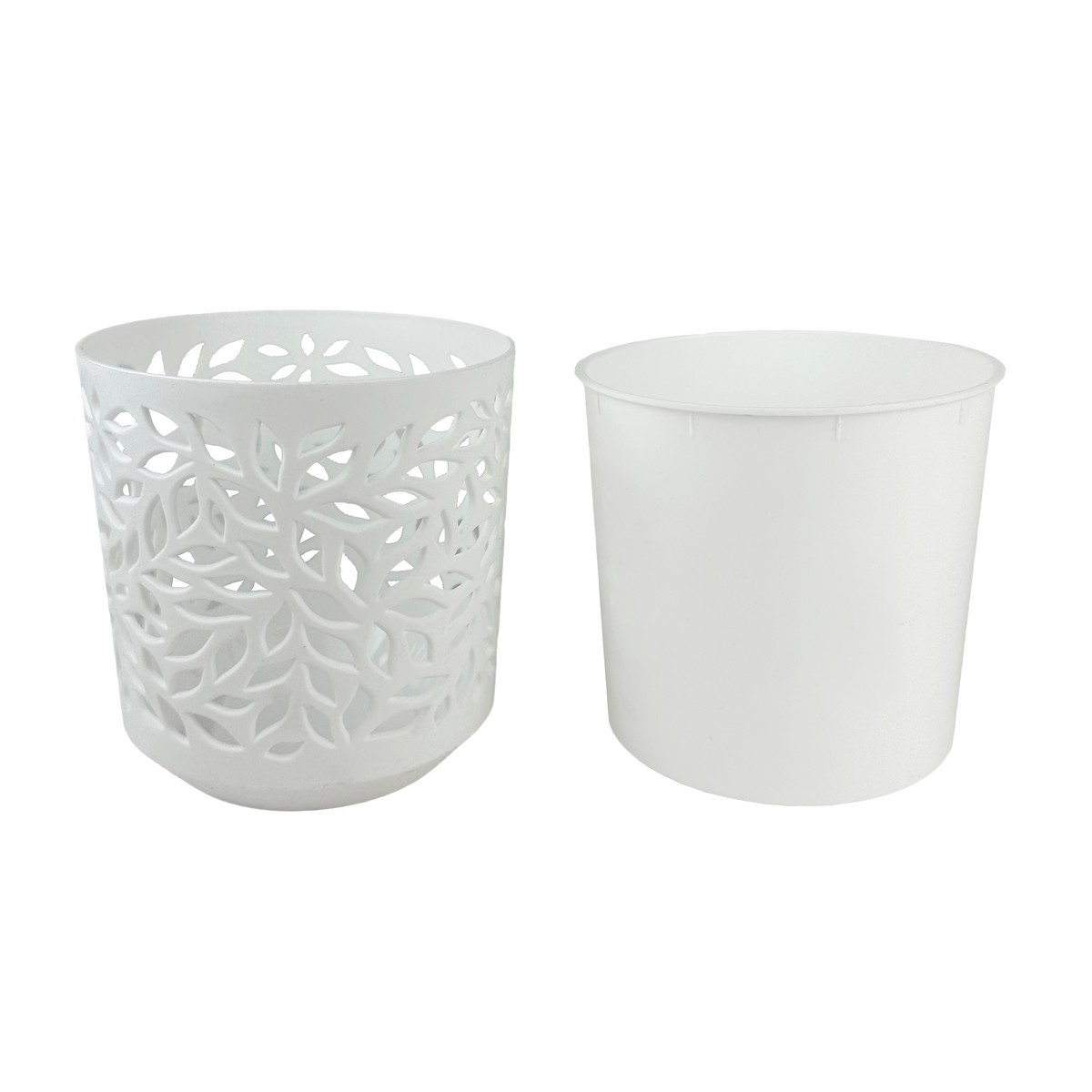 Кашпо со вставкой Листья (пластик), D13xH13,5см, 1,25л, бел. в интернет-магазине флористических аксессуаров Азалия Декор
