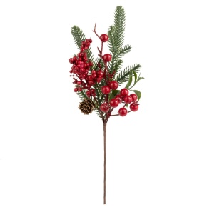 Ветка еловая с ягодами, H31 см, красный в интернет-магазине флористических аксессуаров Азалия Декор