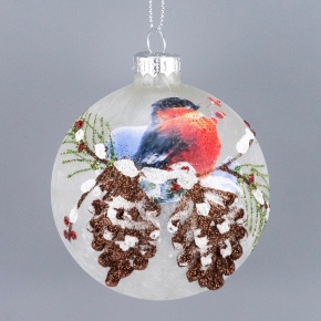 Украшение подвесное Шар с птичкой (стекло), D8см, белый в интернет-магазине флористических аксессуаров Азалия Декор